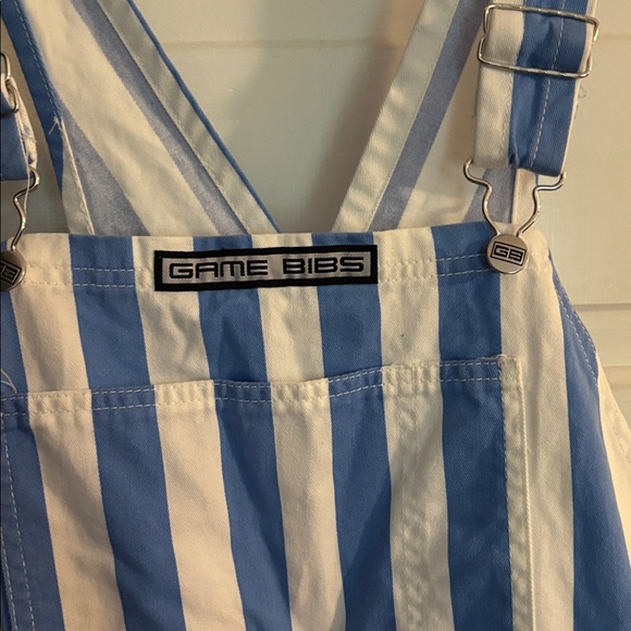 Game Bibs Blue and White Striped Overalls - Picture 2 of 4